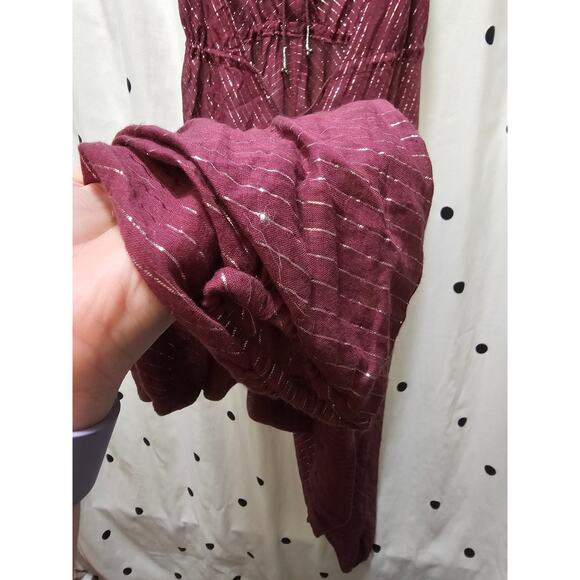 Free People sheer maroon silver pin striped balloon leg v-neck  jumpsuit XS - Picture 7 of 9